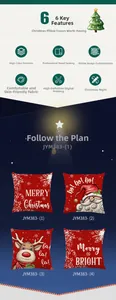 Detail of four digital print Christmas pillow covers with Santa and reindeer patterns