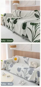 Detail of chenille sofa cover with tulip patterns and decorative tassels in green and blue