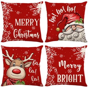 Christmas Cushion Cover Red Polyester Linen Texture Santa Reindeer Pattern Holiday Home Sofa Decor Pillowcase Ornament