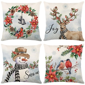 Christmas Decorative Throw Pillow Covers Linen Look Reindeer Snowman Birds Print Cushion Case For Sofa Xmas Holiday Decor