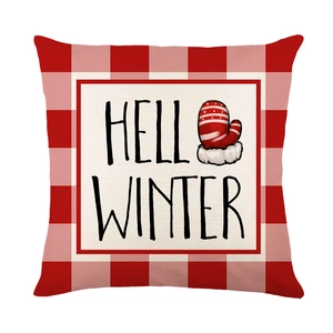 Red and white buffalo plaid Christmas pillow cover with Hello Winter text and glove illustration