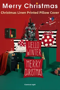 Dettaglio di federe per cuscini natalizi in lino con stampe festive e motivi per le feste