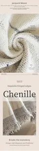 Close-up of chenille sofa cover showing jacquard weave texture and tassel fringe edges