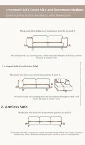 Detailed size guide for chenille sofa cover showing measurement steps for different sofas