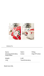 Detalle de funda de cojín navideño bordado con tabla de especificaciones y guía de lavado