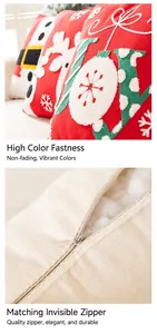 Detalle de funda de cojín navideño con cremallera invisible y bordado de texto Joy
