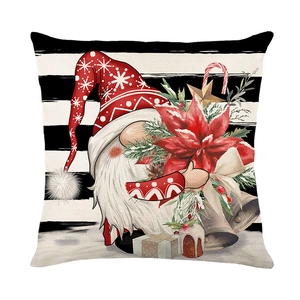 Christmas gnome pillowcase with red holiday floral and modern black white striped background