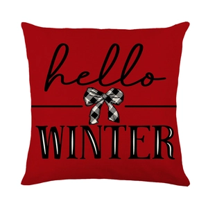 Red Christmas polyester pillowcase with Hello Winter text and black white plaid bow design