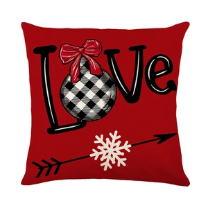Red Christmas polyester pillowcase with LOVE print and buffalo plaid ball ornament