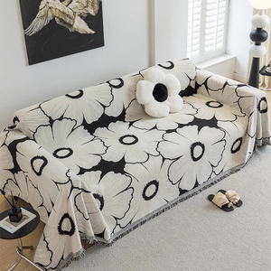Chenille Sofa Cover Towel Daisy Floral Pattern Decorative Throw Blanket With Tassels Anti-Cat Scratch For Living Room