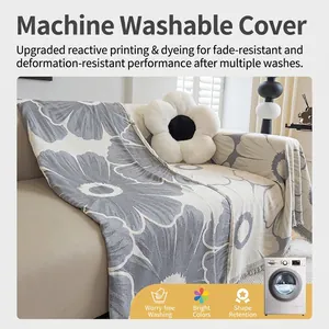 Minimalist chenille sofa cover with floral pattern and decorative fringes for living room