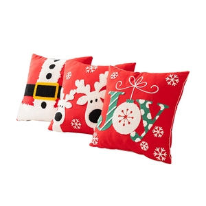 Juego de tres fundas de cojín navideñas rojas con bordado de Papá Noel, reno y palabra JOY