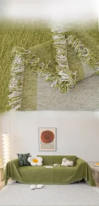 Macro detail of green chenille sofa cover showing tassel edges and high-density weave