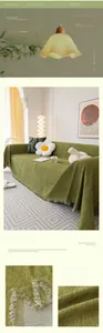 Detailed macro view of grass green chenille sofa cover with herringbone weave and fringe edges