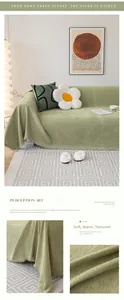 Macro shot of light green chenille sofa cover with fine tassel details and soft texture