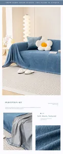 Close-up of blue chenille sofa cover showing twill texture and long tassel fringe