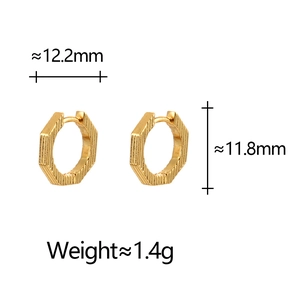 Minimalist gold hexagonal hoop earrings with vertical textured relief and dimensions