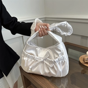 Women Ruched Satin-Look PU Shoulder Bag Bow Decoration Elegant Pleated Underarm Bag For Daily Commuting Party Lady Purse