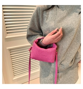 Détail d'un sac à main tissé rose rouge avec boucles dorées porté par un mannequin