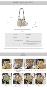 Detailed size specifications and multi-color view of the woven drawstring bucket bag