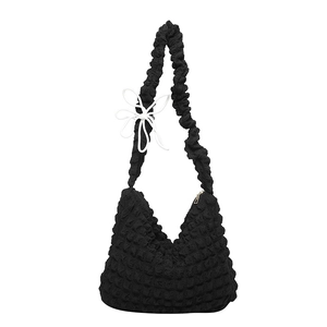 Fashionable black bubble texture shoulder bag with white 3D flower charm for women