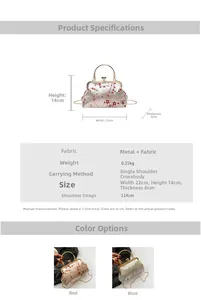 Detailed view of kiss-lock floral embroidered bag with metal handle and chain strap