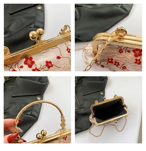 Detailed views of vintage embroidery handbag featuring floral patterns and gold metal clasp