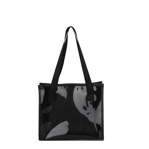 Transparent black PVC Halloween tote bag with white cartoon ghost prints and black handles