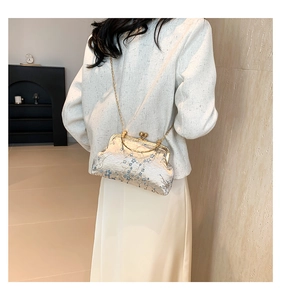 Close-up of retro cream chain bag with blue floral embroidery and gold metal clasp
