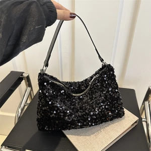 Fashionable black sequin hobo bag with silver zipper and shoulder strap for women