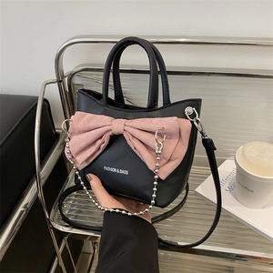 Women PU Leather Bucket Bag Large Bow Decoration Silver Chain Handbag Crossbody Shoulder Bag Fashion Print