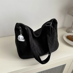 Women Corduroy Large Capacity Tote Bag Solid Color Casual Single Shoulder Crossbody Bag With Adjustable Strap And Charm