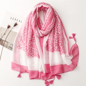 Women Long Scarf Shawl Polyester Voile Cotton Linen Feel Pink White Leaf Print Tassel Lightweight Sunshade Elegant