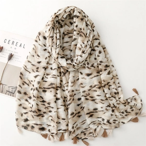 Women Fashion Leopard Print Scarf Shawl Soft Polyester Cotton Feel With Tassels Lightweight Elegant Wrap All Seasons