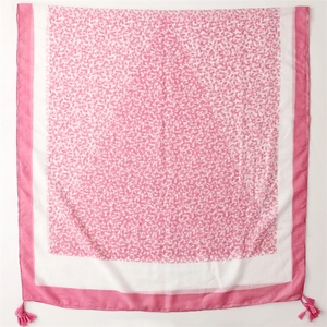 Pink and white cotton linen leaf print scarf with elegant fringe tassels for women