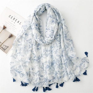 Écharpe Longue Imprimé Fleuri Lys Châle Polyester Voile Sensation Coton Lin Avec Glands Léger Protection Solaire Pour Femmes Élégant