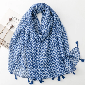 Women Lightweight Voile Scarf Fish Scale Geometric Print Large Fashion Shawl With Tassels Bohemian Style Wrap