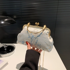 Elegant white floral embroidery handbag with gold metal handle and chain strap for women