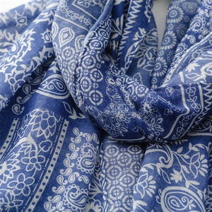 Detail shot of navy blue paisley cotton scarf texture and delicate floral patterns