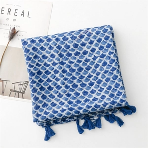 Detail of teal fish scale printed scarf with handmade fringe on white background