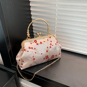 Vintage Chinese Style Plum Blossom Embroidered Kiss Lock Bag For Women Retro Satin Handbag With Metal Chain Shoulder Strap