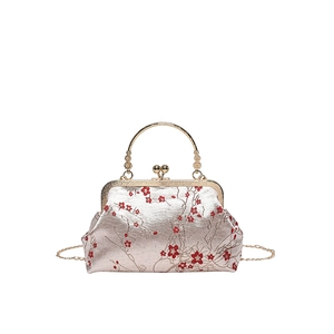 Vintage Chinese style handbag with champagne floral embroidery and gold chain handle