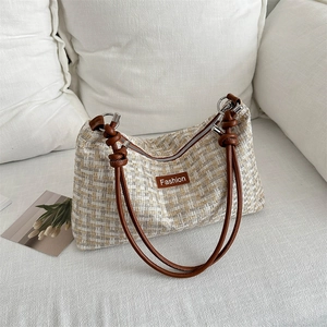 Damen Tweed Gewebte Achseltasche Retro Karo Schultertasche Mit PU Leder Knotengurt Reißverschluss Täglich Casual Handtasche