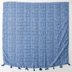 Blue fish scale pattern scarf with bohemian tassels and lightweight breathable fabric