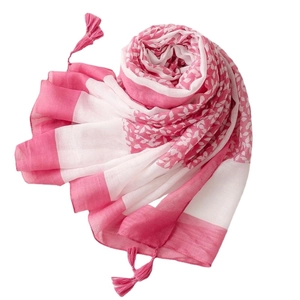 Pink cotton linen feel scarf with white leaf pattern and fringe tassels for women