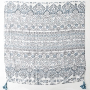 Bohemian blue floral linen touch scarf with elegant damask patterns and tassels