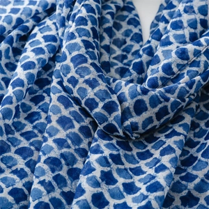 Macro detail of blue fish scale pattern on lightweight cotton linen scarf