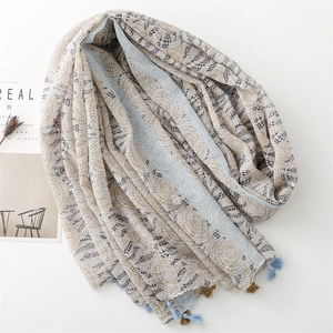 Linen feel cotton scarf with geometric circle prints and bohemian tassels for women