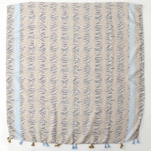 Bohemian mandala print cotton scarf with light blue tassels and ethnic patterns