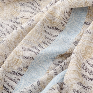 Detail of bohemian mandala lace pattern on lightweight cotton linen scarf with tassels
